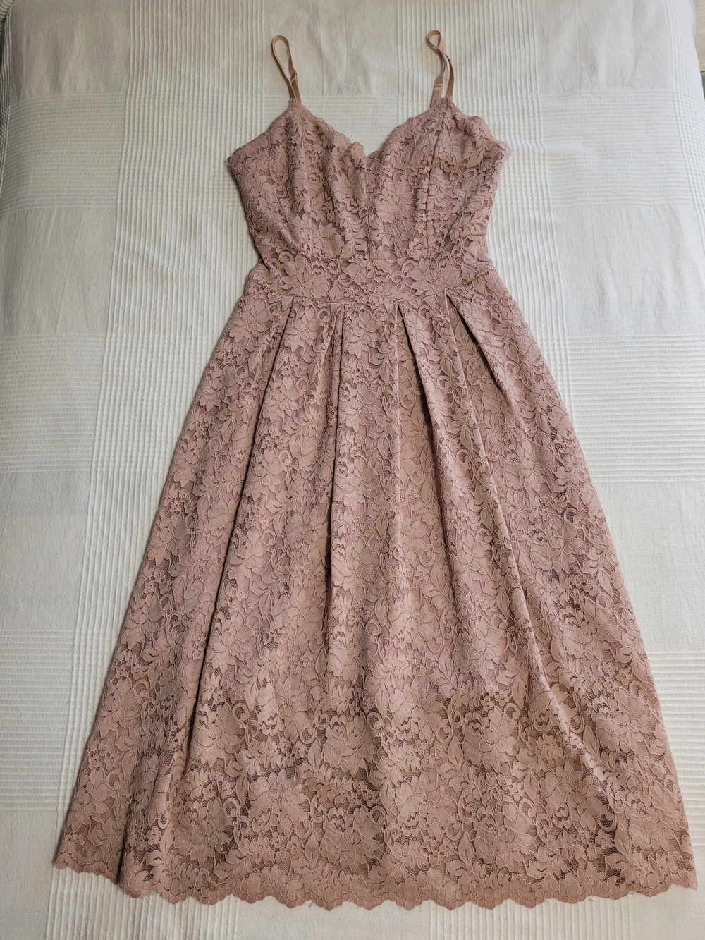 Dusty Pink Lace A-Line Midi Dress - Spaghetti Strap Cocktail - Small